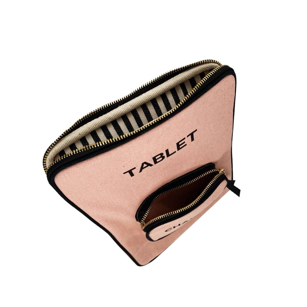 Pink tablet case with zipper on a white background