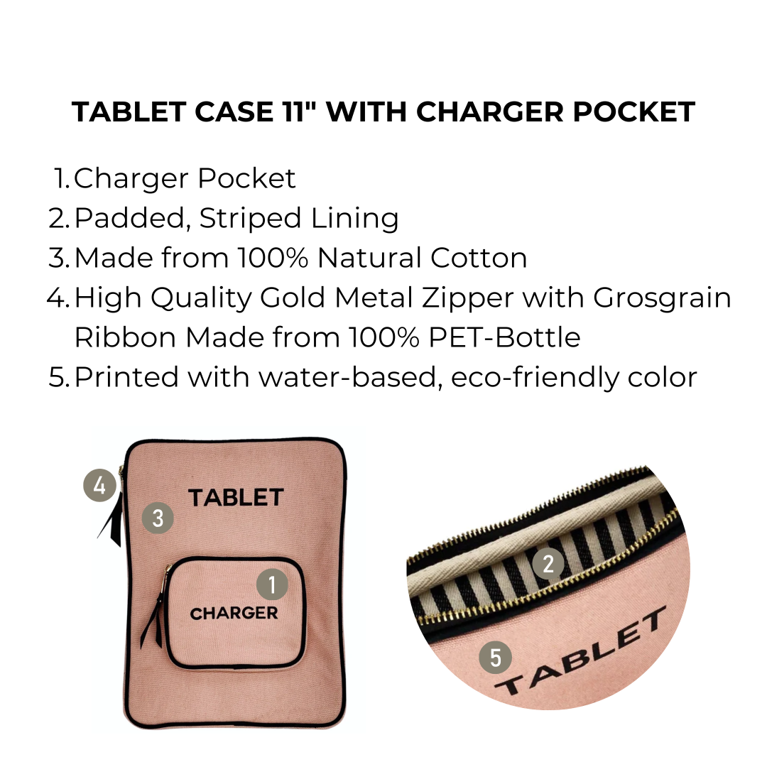 11-inch tablet case with charger pocket, showing features and design elements.