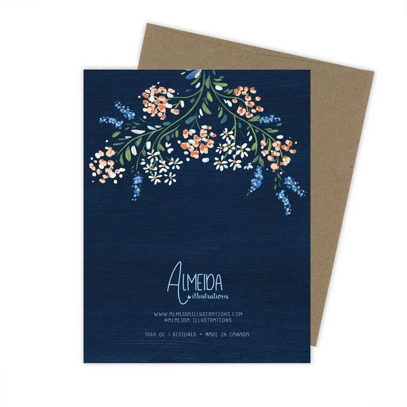 Carte de fiançailles avec bague de félicitations et motif floral bleu marine