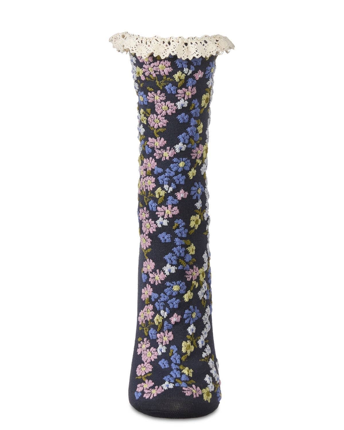 Liberty Floral Lace Cuff Crew Socks Black
