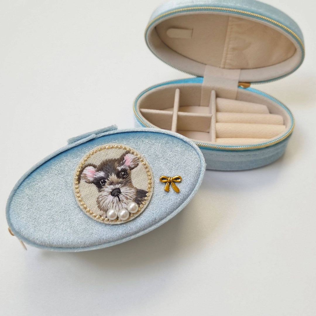 LadyJuneAccessories - Boîte à Bijoux en Velours Portrait d'Animal | Étui de Voyage pour Bagues Cadeau : Boîte à Bijoux Bleu Ciel