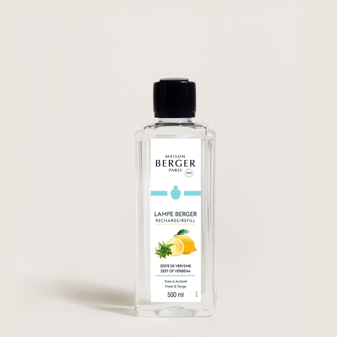 Bottle of Lampe Berger fragrance refill on a light gray background
