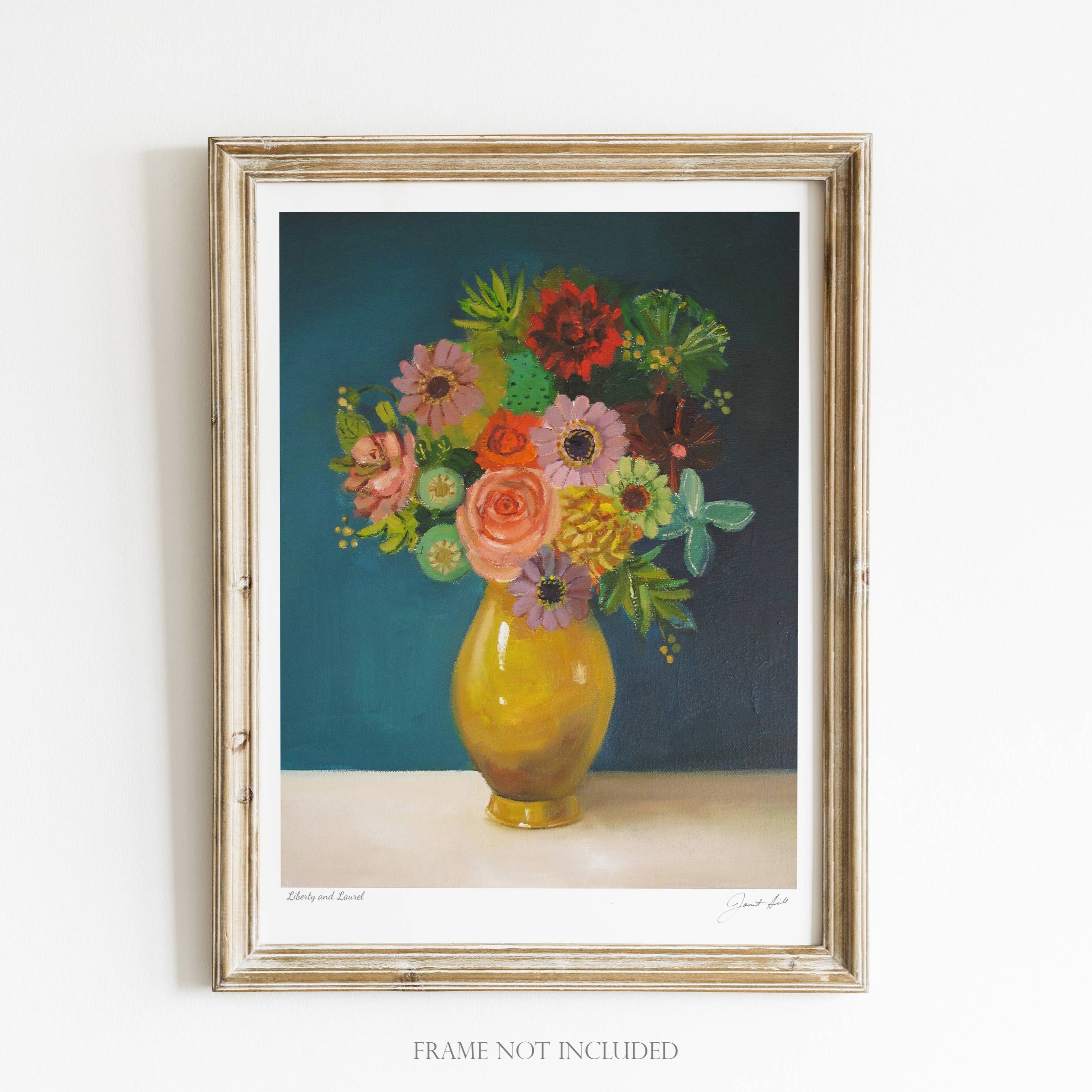 A framed art print featuring a colorful floral arrangement in a vase against a blue background, with a label stating 'Frame not included'.