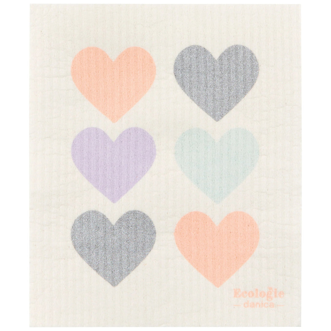 Dishcloth with pastel heart patterns on a white background