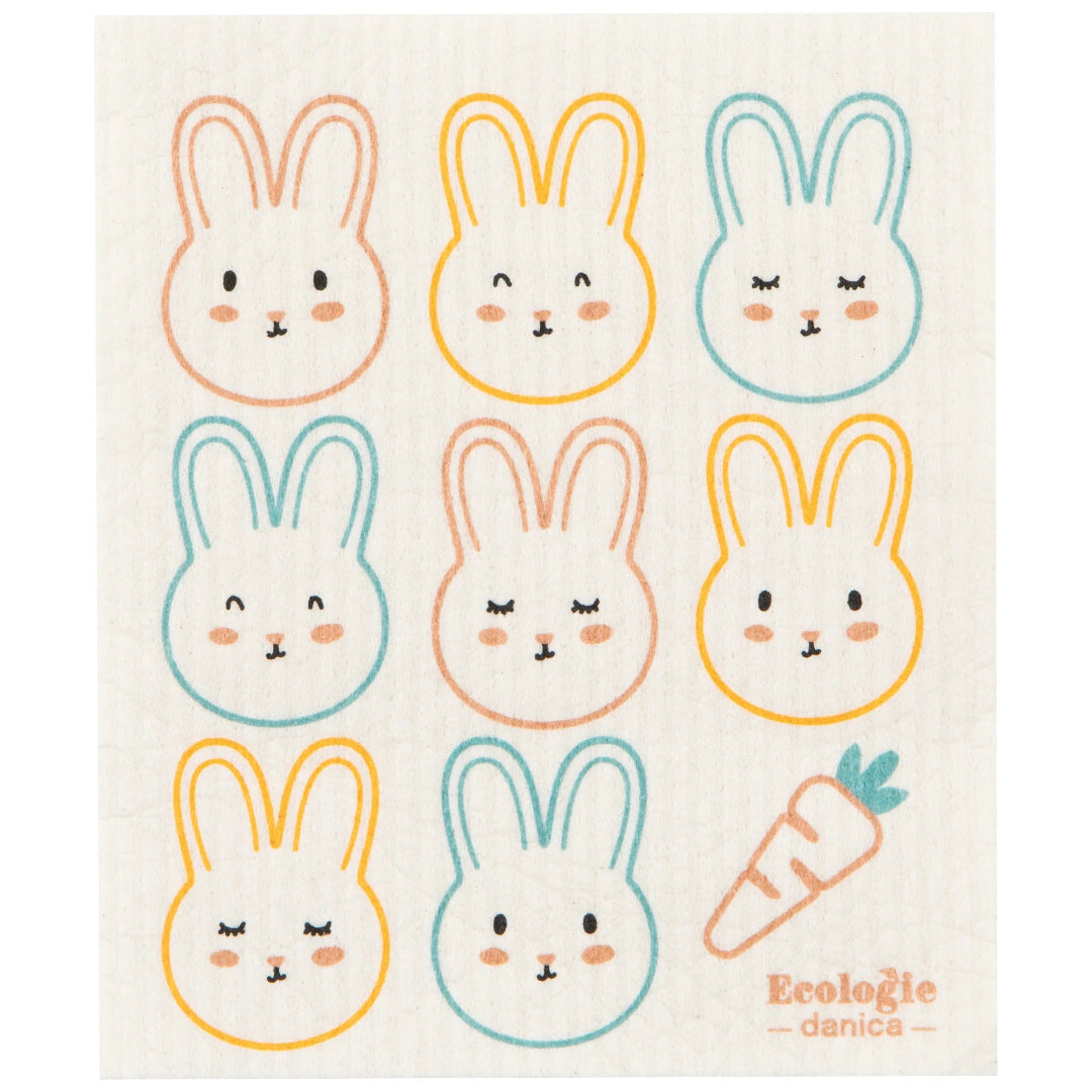 Dishcloth with colorful bunny faces and a carrot, branded 'EcoLOGIC danica'.
