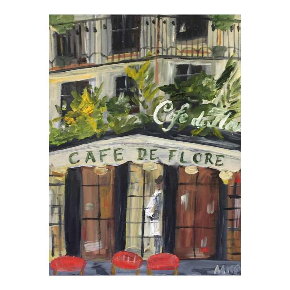 Painting of Café de Flore with greenery and a person standing outside.