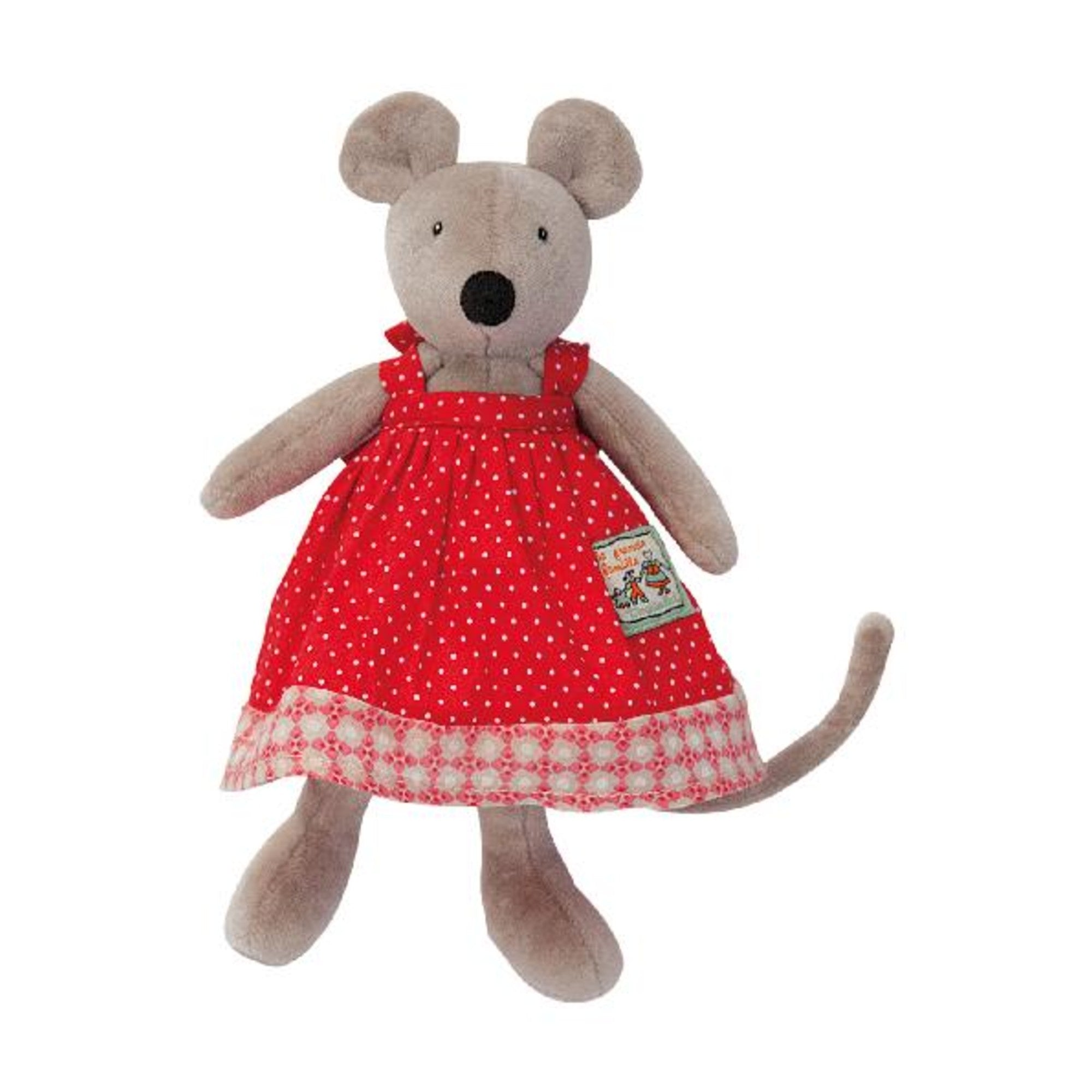 Stuffed mouse toy wearing a red dress with white polka dots on a white background