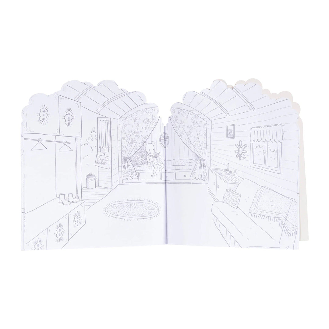 Two white paper colouring pages of a room with furniture on a white background
