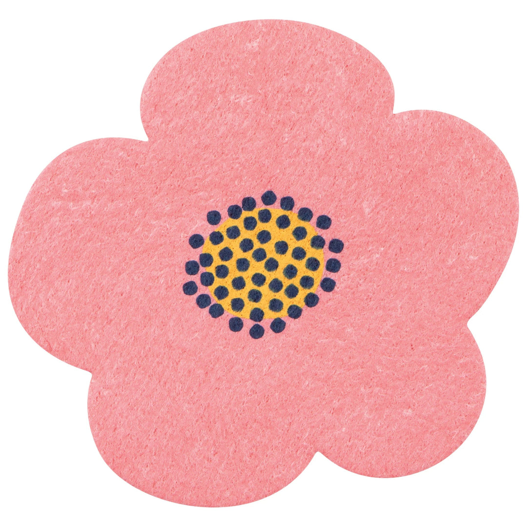 Pink flower-shaped dish cloth on a white background