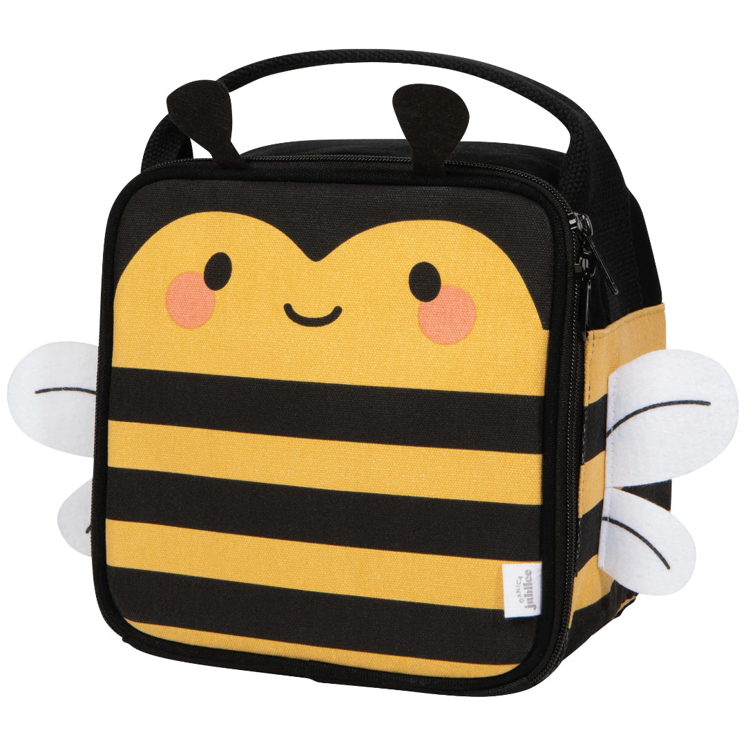 Lunch bag designed like a bee with black and yellow stripes on a white background