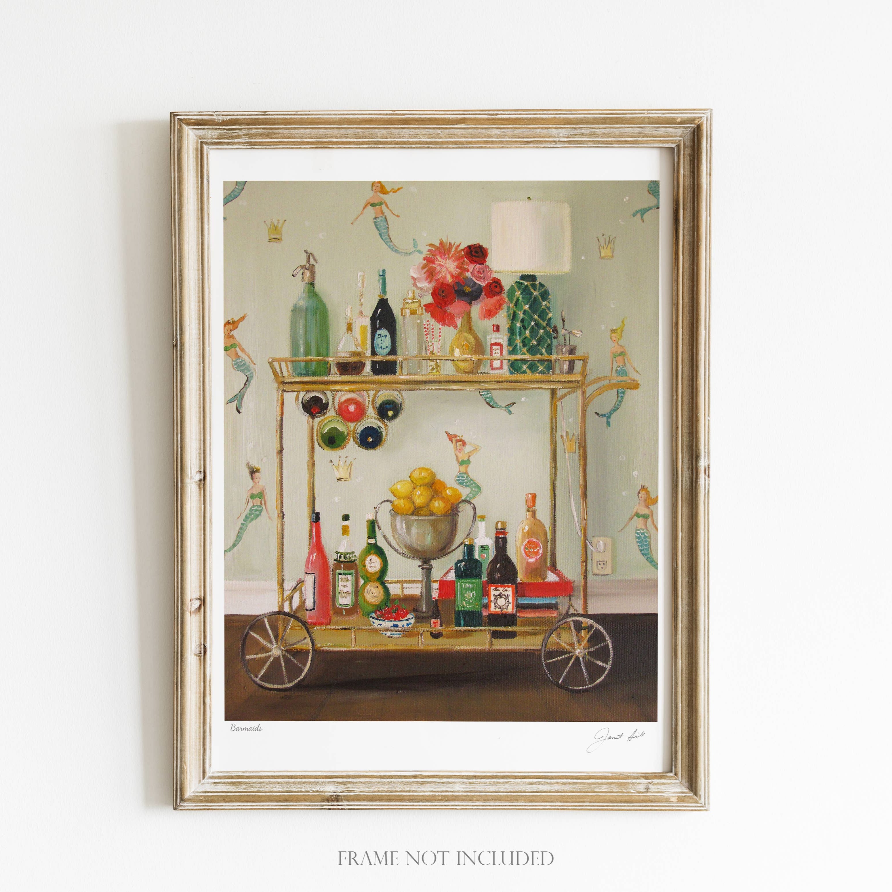 An art print featuring a vintage-style bar scene with various bottles, a cart, and decorative details, framed in a simple wood frame, with a label stating 'Frame not included'.
