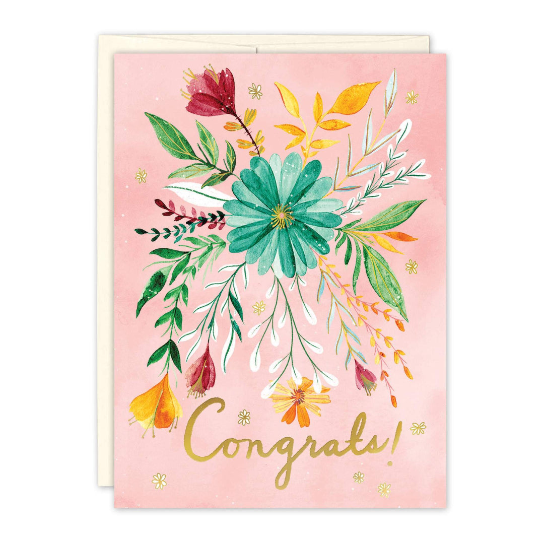 Greeting card with floral design and 'Congrats!' text on a pink background