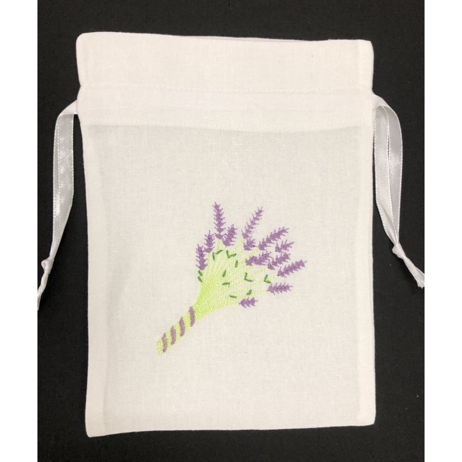 A white fabric drawstring pouch featuring a printed illustration of a lavender bunch in purple and light green