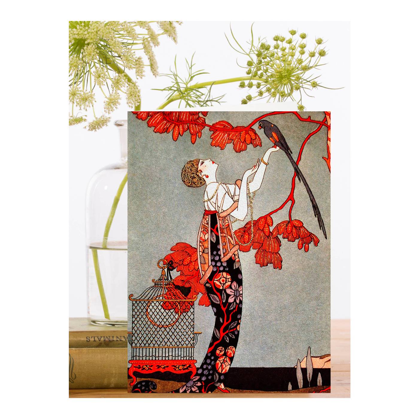 Woman & Red Tree Blank Hand Glittered Greeting Card