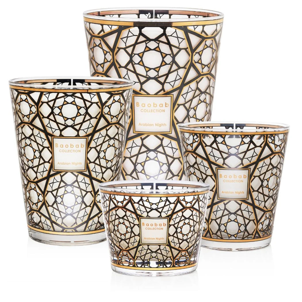 A collection of Baobab scented candles with screen-printed 24-carat gold designs on the glass containers, available in various sizes.