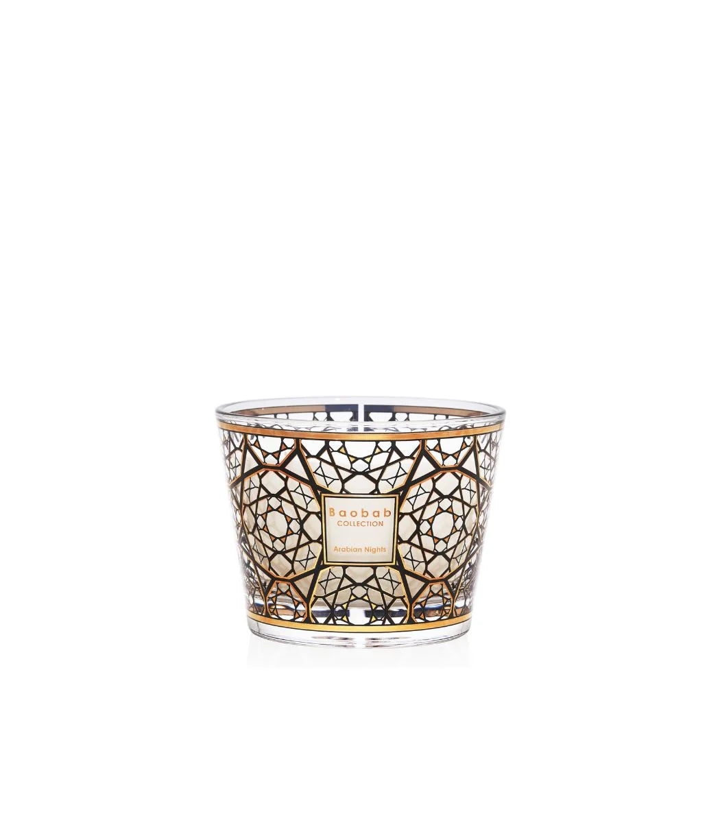 A collection of Baobab scented candles with screen-printed 24-carat gold designs on the glass containers, available in various sizes.