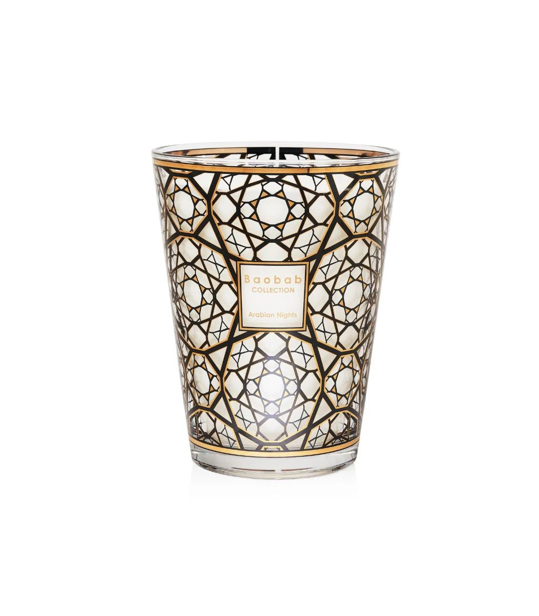 A collection of Baobab scented candles with screen-printed 24-carat gold designs on the glass containers, available in various sizes.