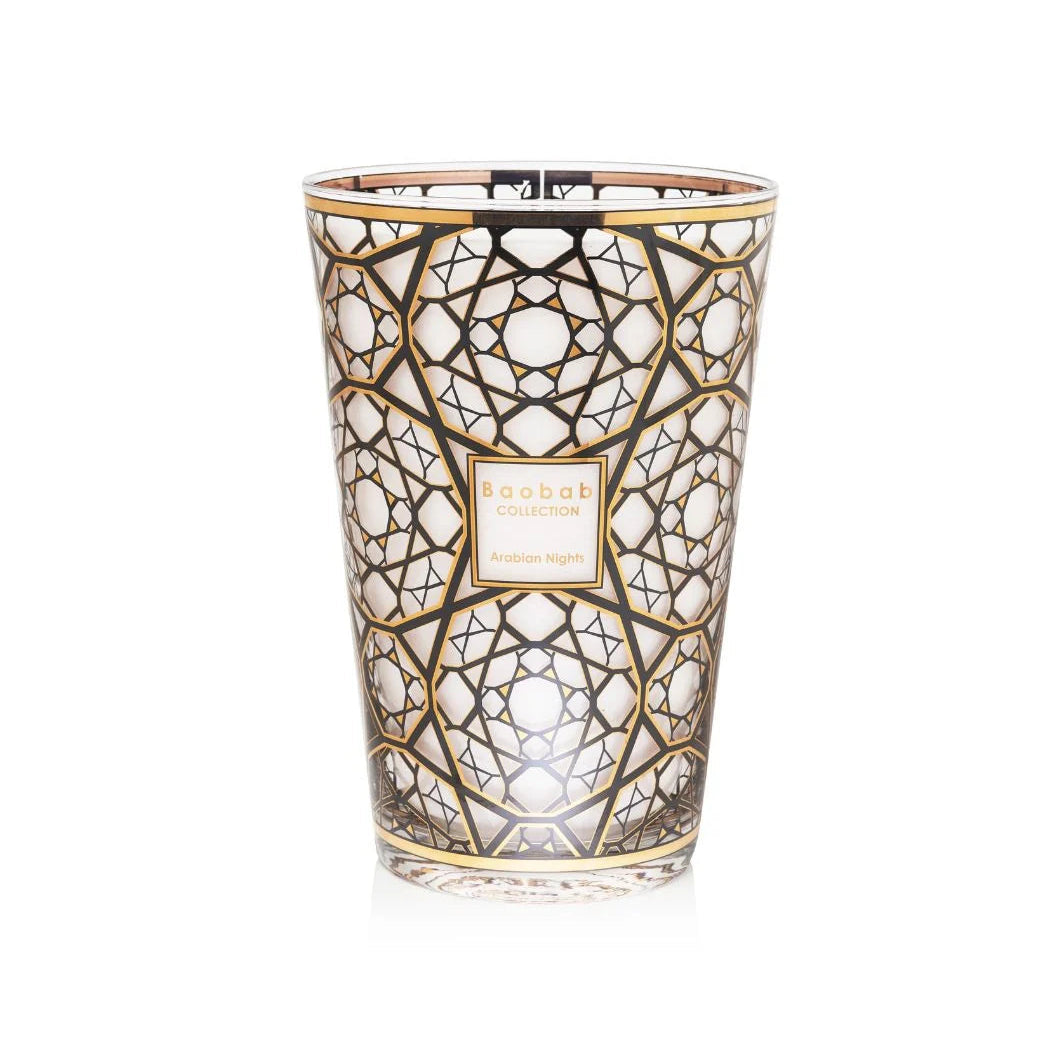A collection of Baobab scented candles with screen-printed 24-carat gold designs on the glass containers, available in various sizes.