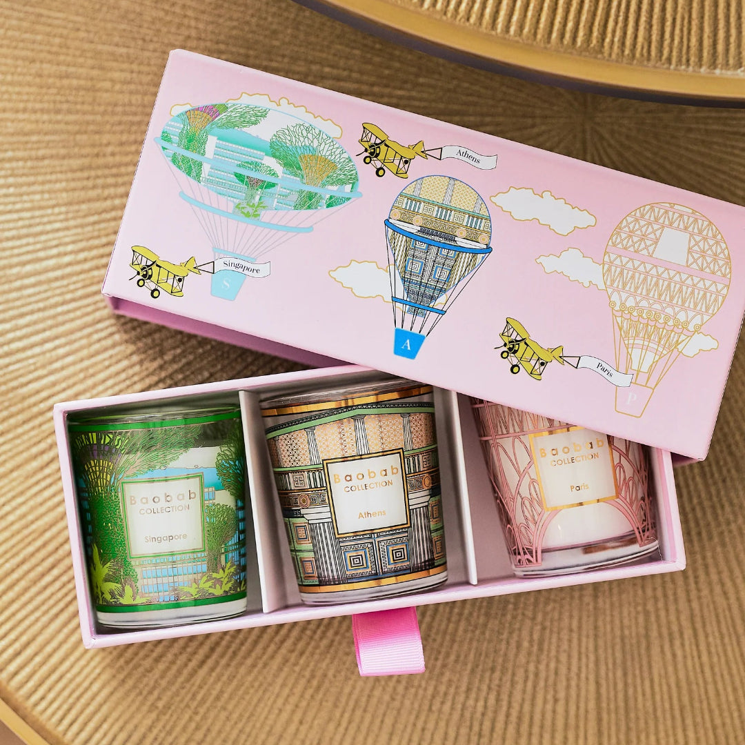 Collection Baobab - Trio de bougies de voyage SINGAPOUR-ATHÈNES-PARIS