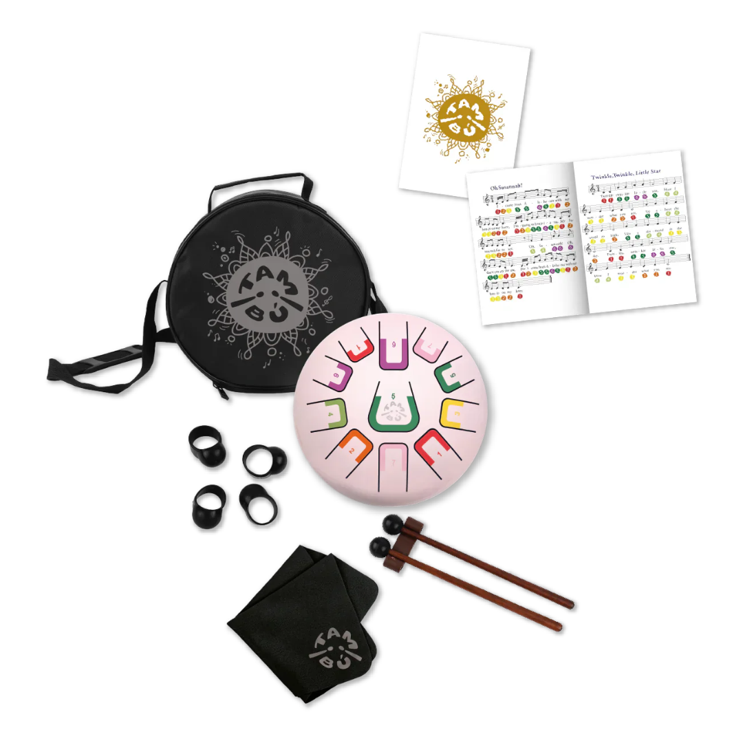 Music therapy tool set with a colorful metal tongue drum, carrying case, mallets, and educational materials on a white background.