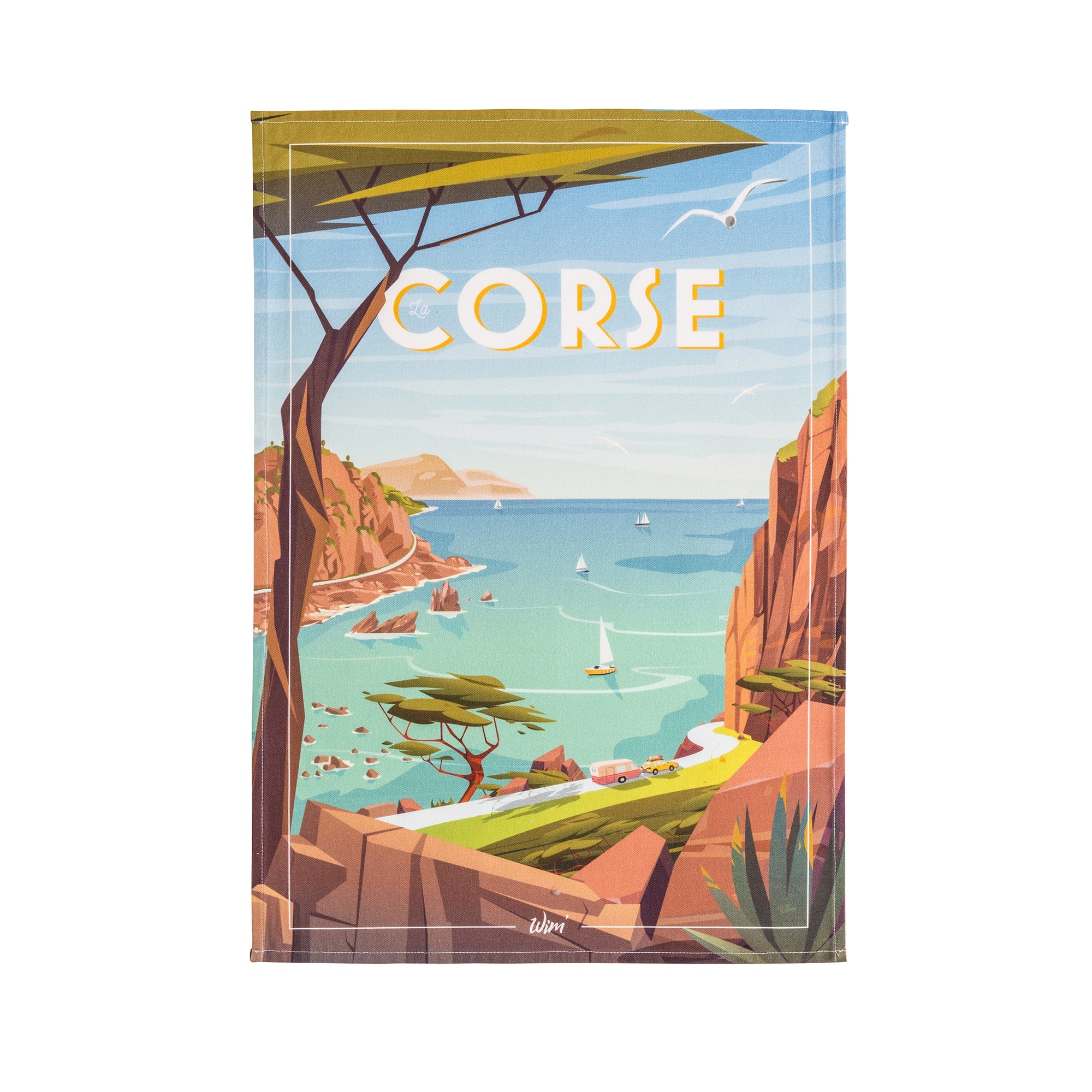 A multicolored cotton tea towel with a printed design depicting a coastal scene and the text 'CORSE' prominently displayed.