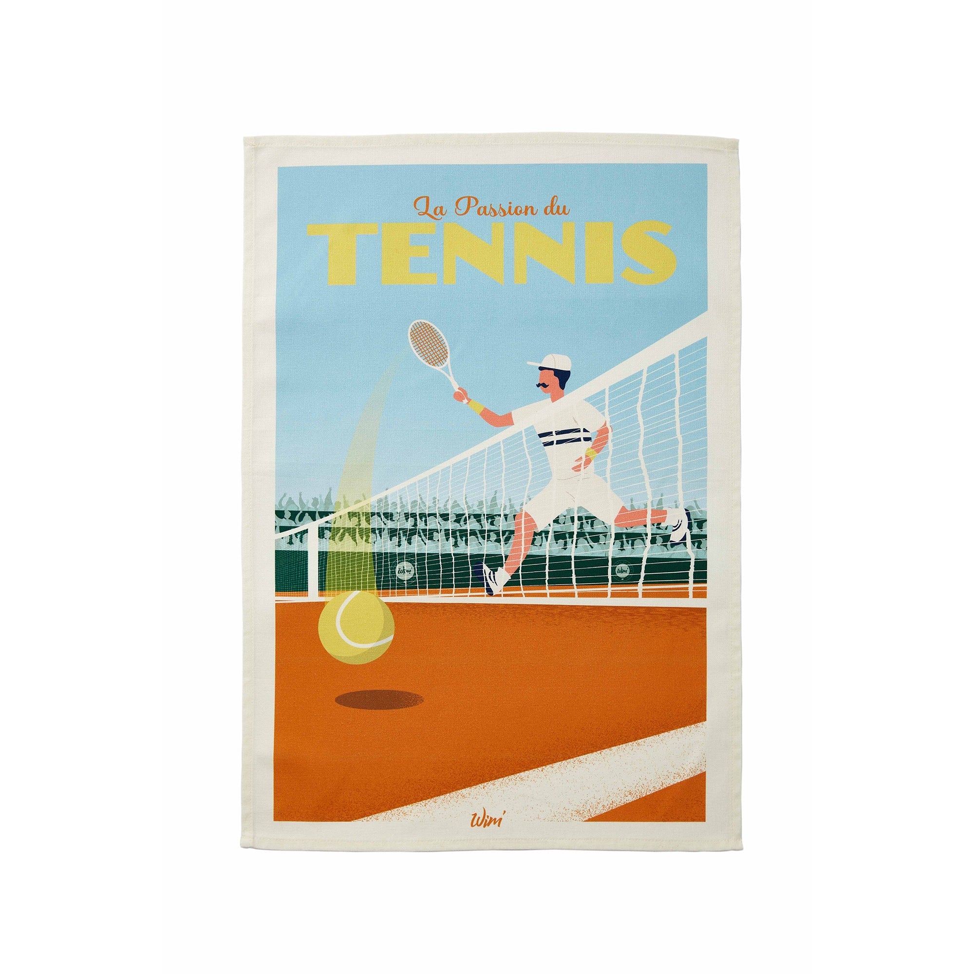 A multicolored cotton tea towel with a printed design depicting a person playing tennis and the text 'Le Passion du Tennis'.