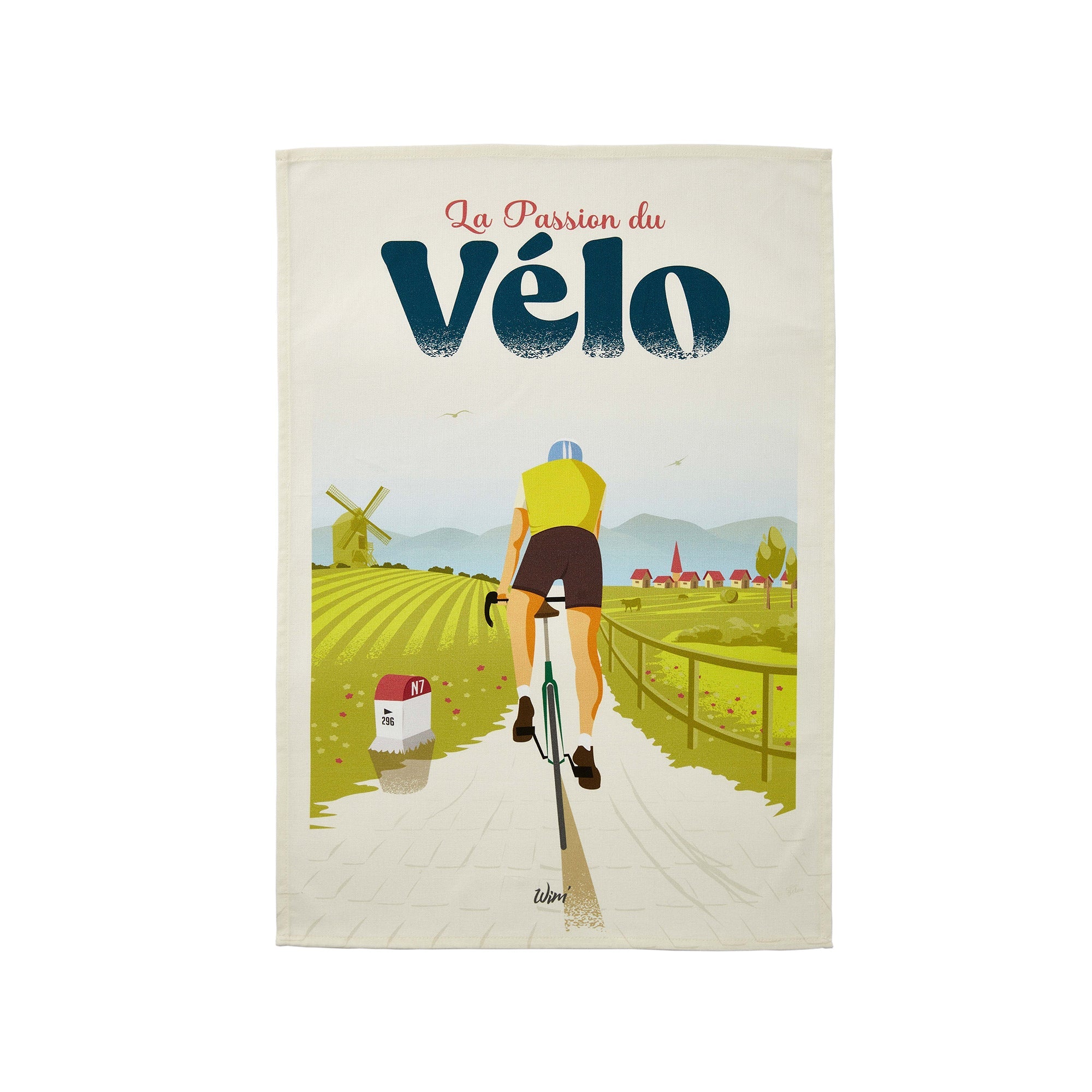 A cotton tea towel with a printed design featuring a person cycling in a rural landscape with the text 'La Passion du Vélo'.