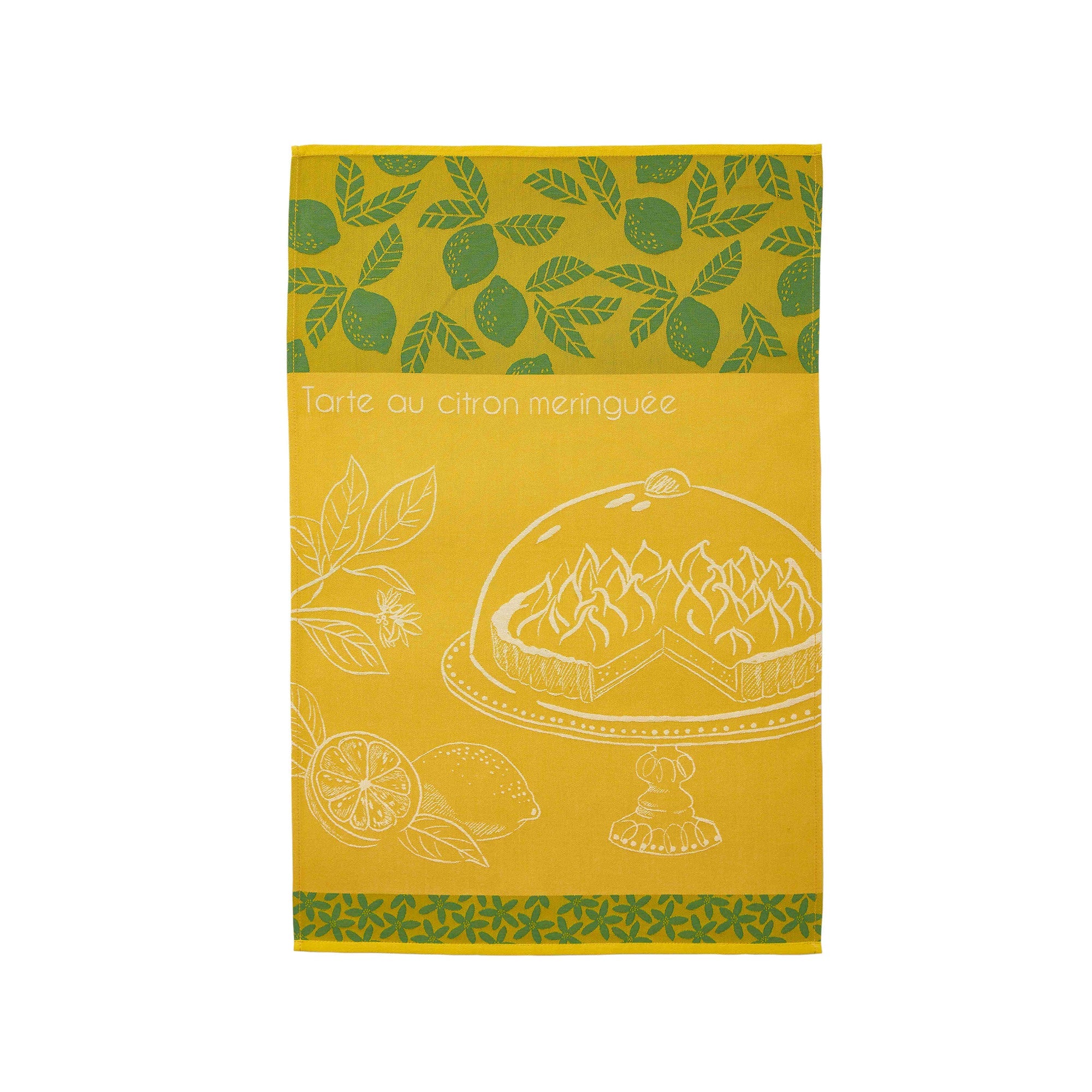A yellow cotton tea towel with green leaf patterns and an illustration of a lemon tart at the top.
