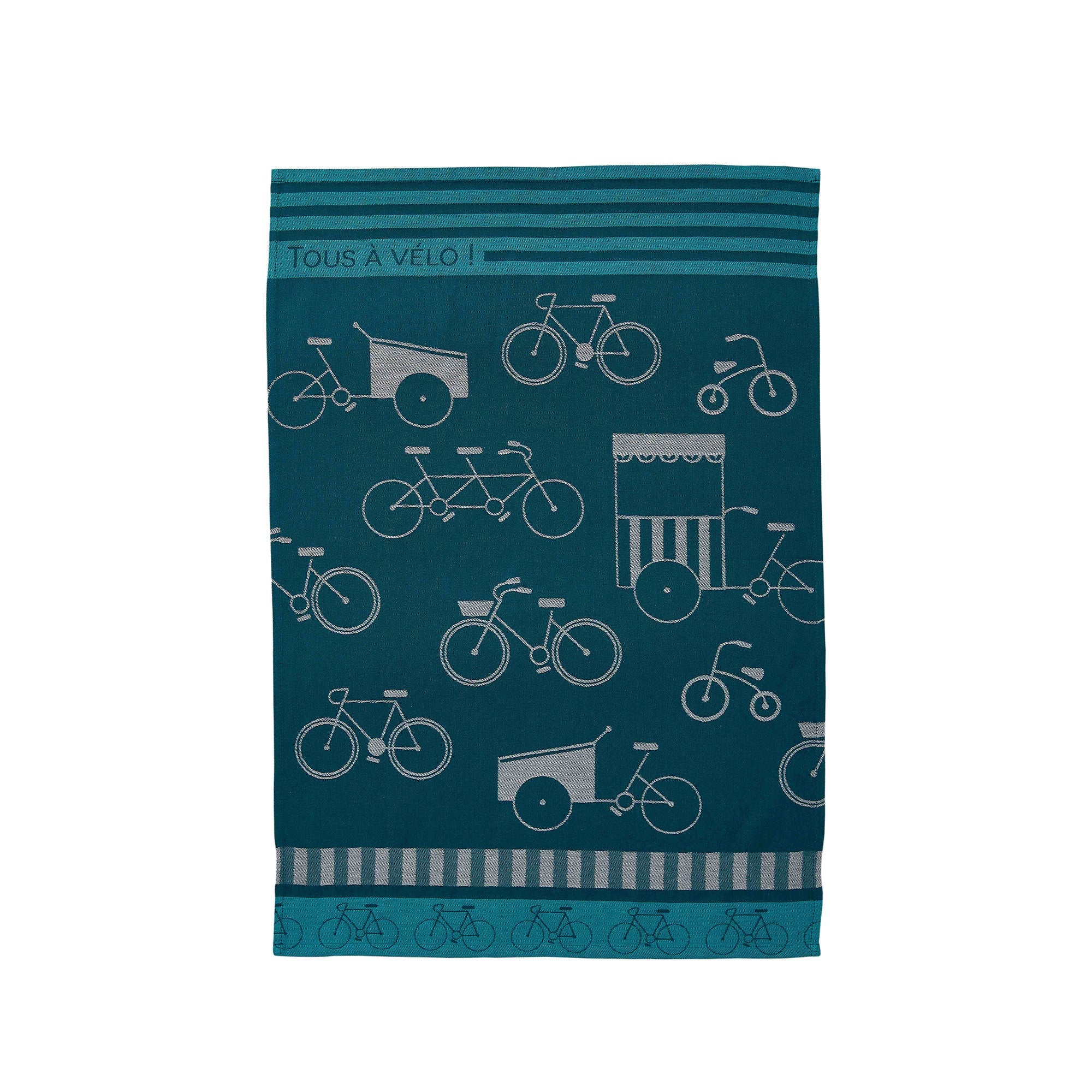 A green jacquard tea towel with bicycle patterns and text reading 'TOUS A VELO'.