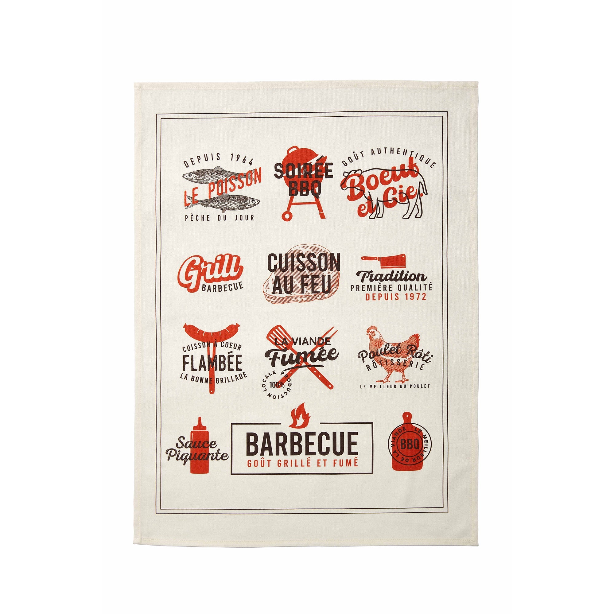 A white cotton tea towel with printed text and graphics related to grilling and barbecuing.