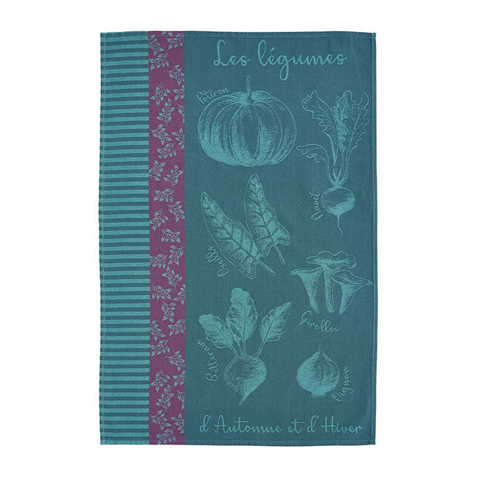 Teal towel with vegetable illustrations and a purple stripe on a white background