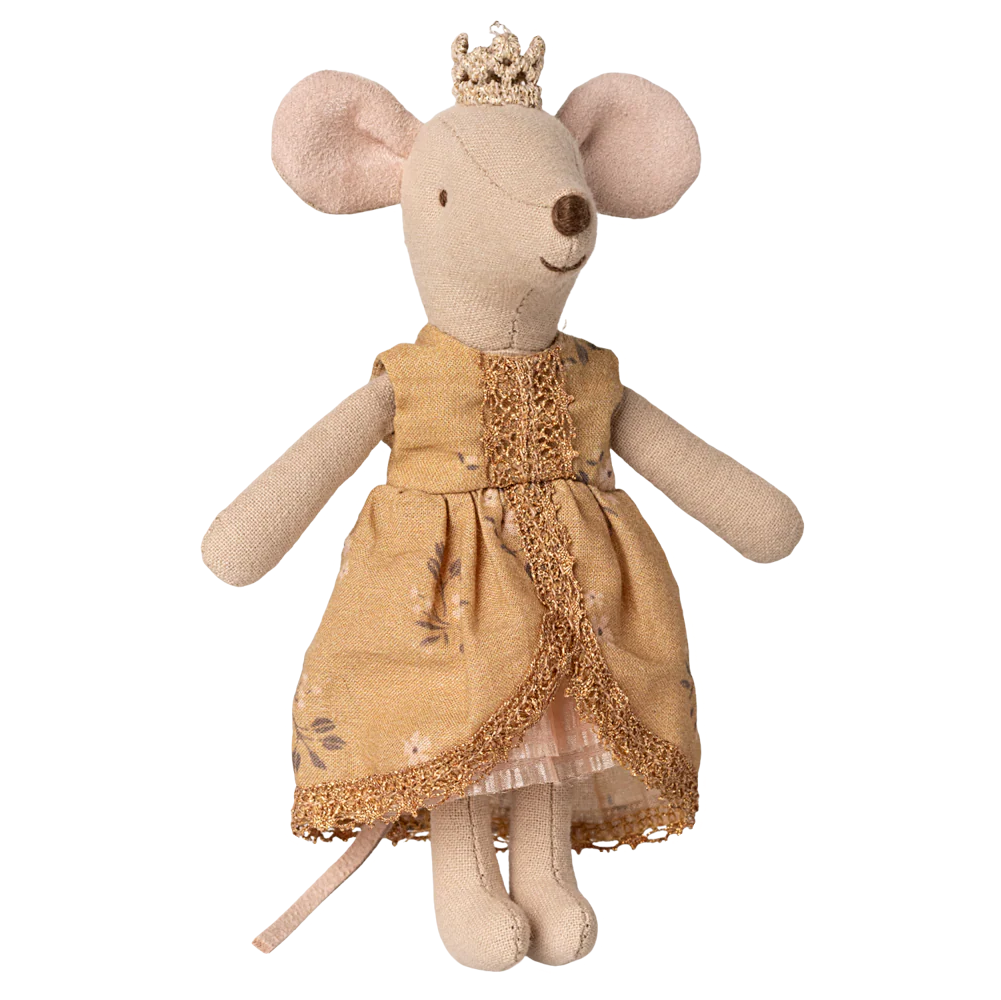 Stuffed mouse toy wearing a yellow dress and crown on a white background