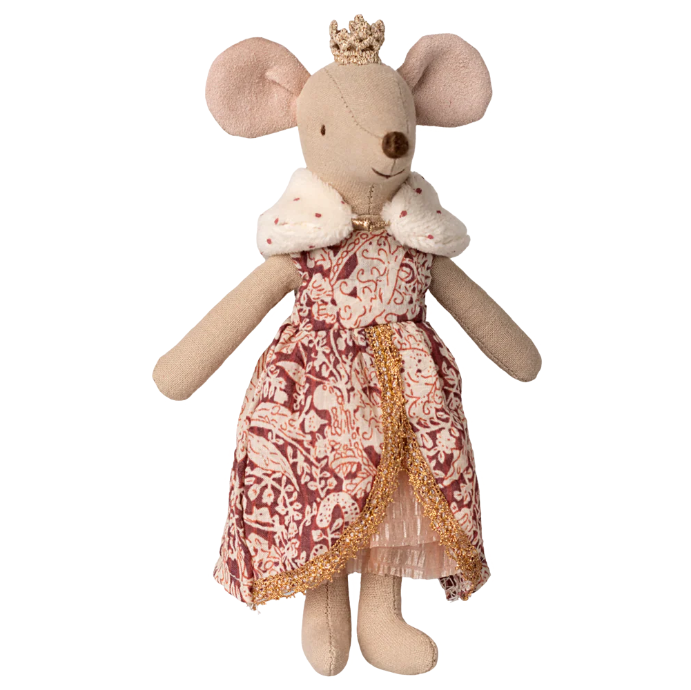 Stuffed mouse toy with a patterned dress and crown on a white background