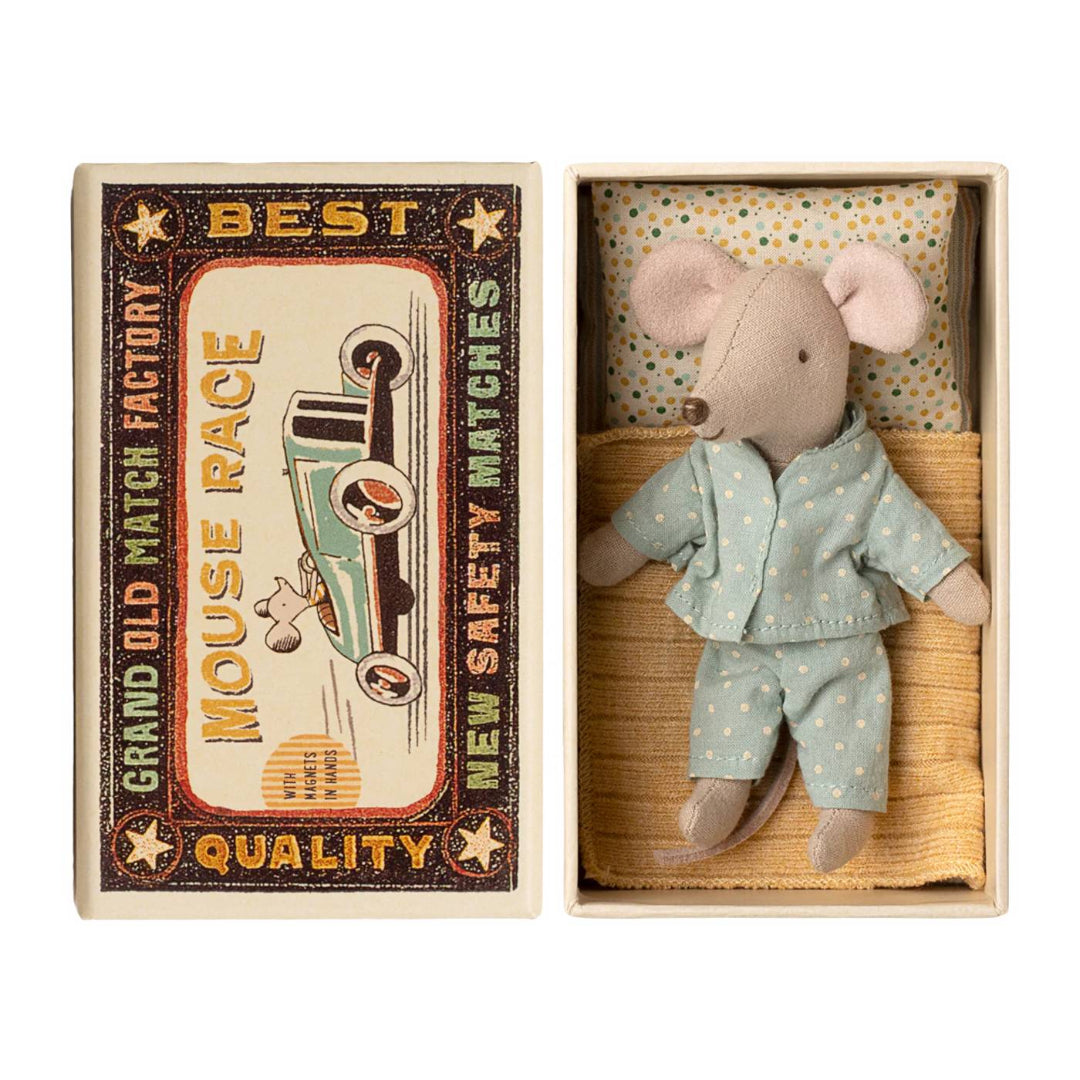 Stuffed mouse toy in a matchbox with a vintage-style matchbox design.