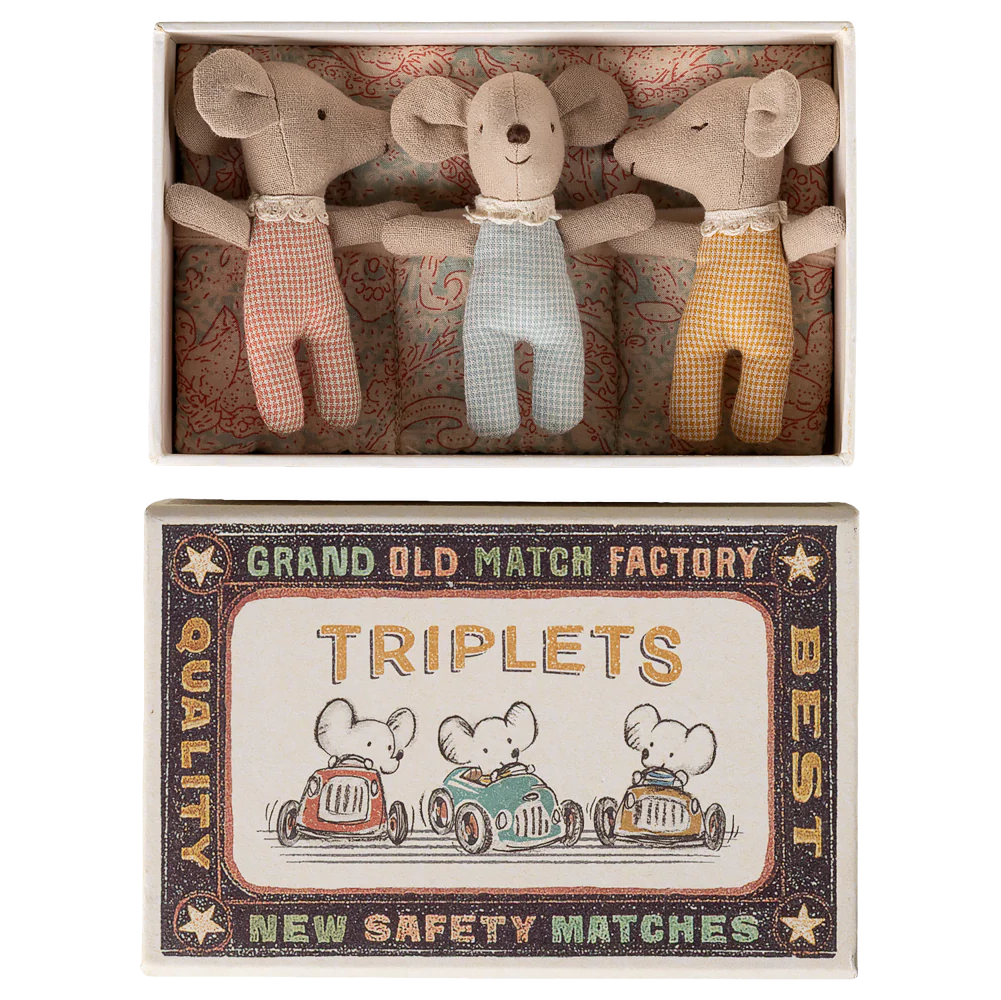 Three toy mice in a matchbox with a vintage matchbox label below.