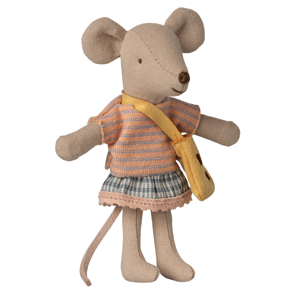 Stuffed mouse toy wearing a striped dress and yellow bag on a white background