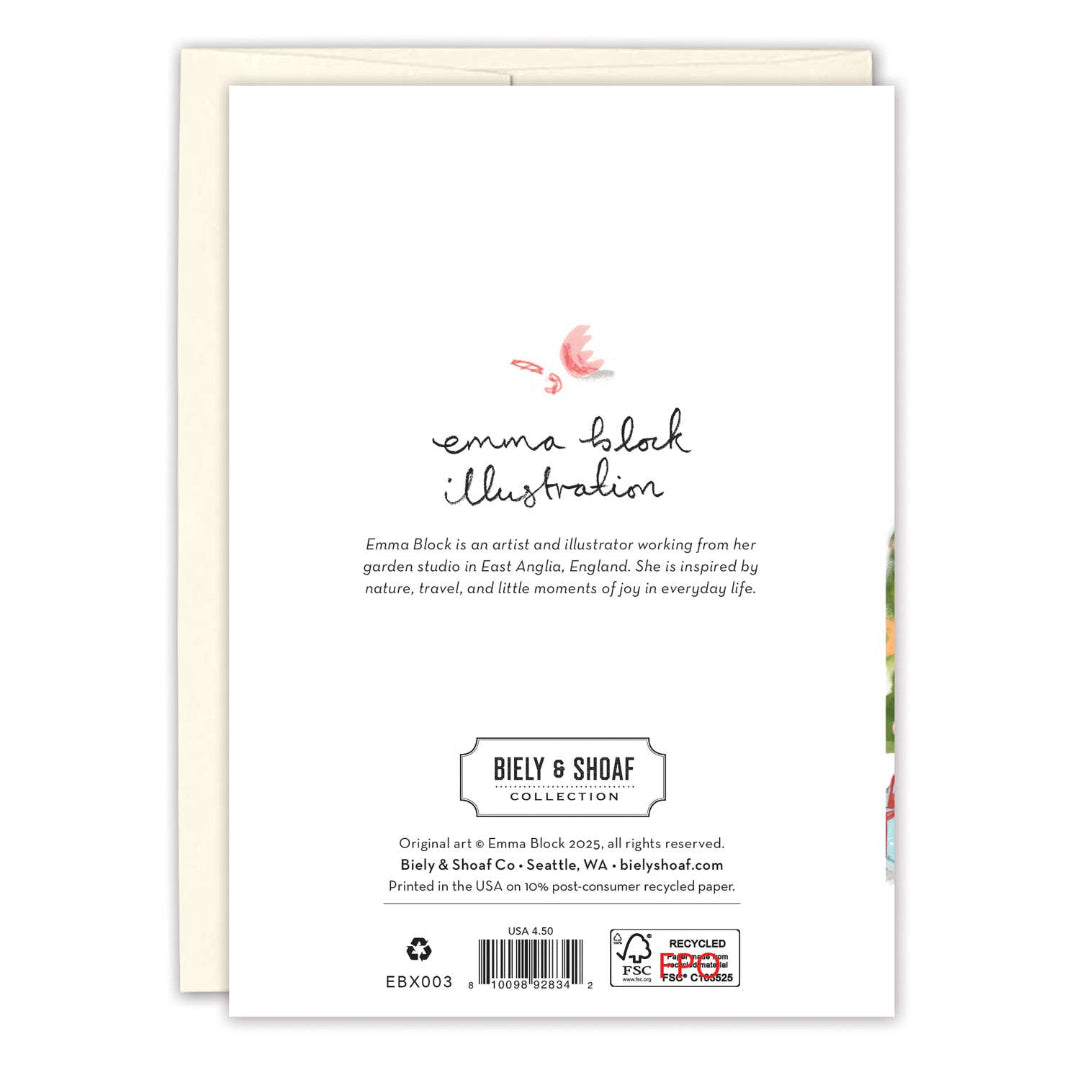 Back of the card includes the text 'emma block illustration' and 'BIELY & SHOAF COLLECTION'.