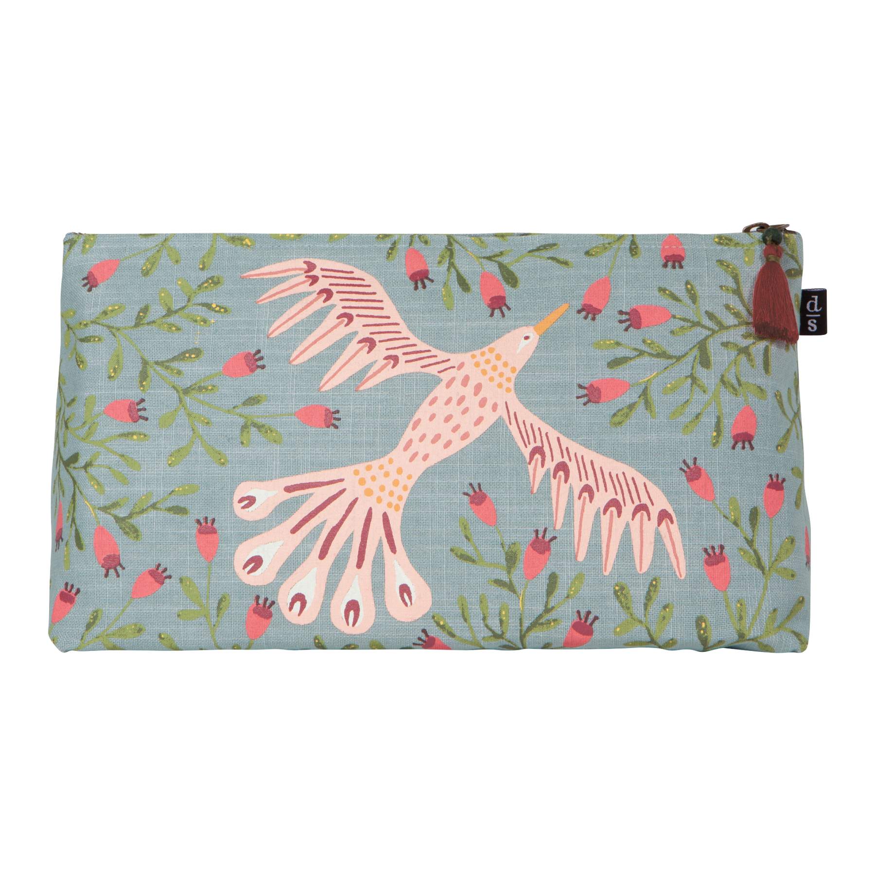Fabric pouch with pink bird design on a light blue background