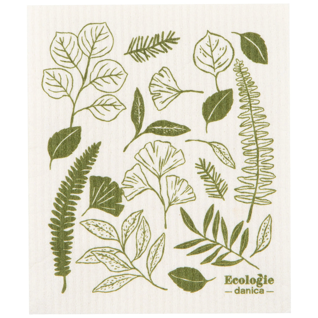 Dishcloth with green leaf patterns and 'Ecologie danica' branding on a white background