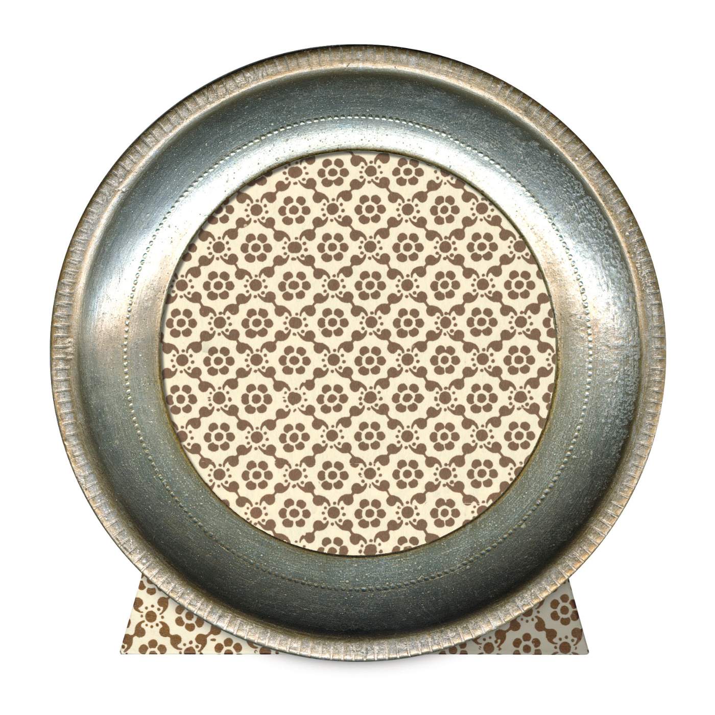 Decorative plate with floral pattern and metallic rim on a white background