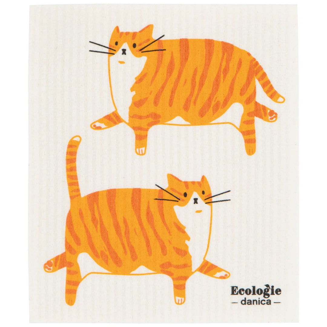 A white dishcloth with two orange tabby cats and the text 'Ecologíe danica' printed on it.