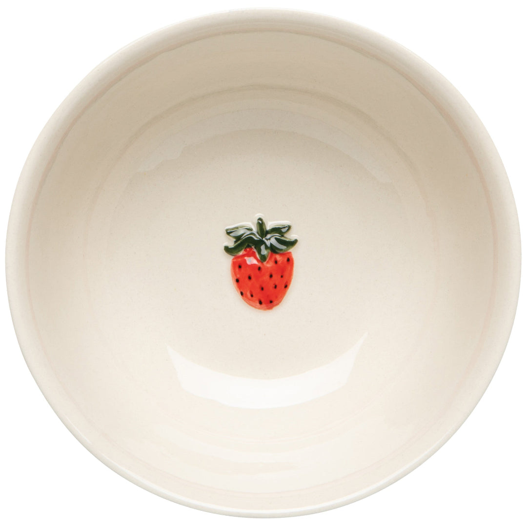 White bowl with a strawberry design on a white background