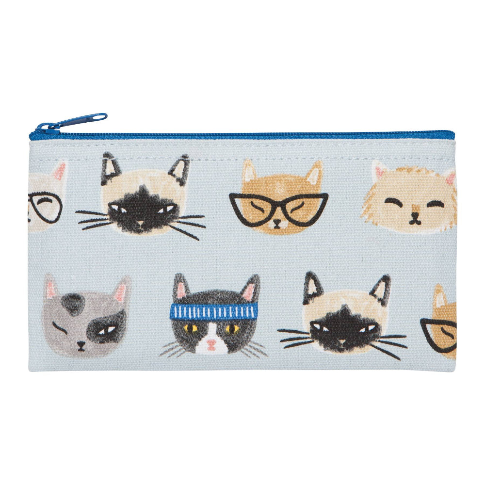 Pouch with cat faces pattern on a light blue background