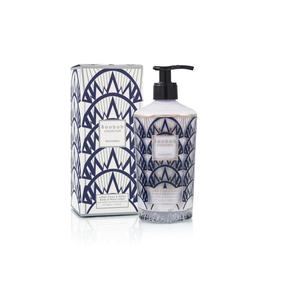 Lotion bottle and packaging with geometric design on a white background