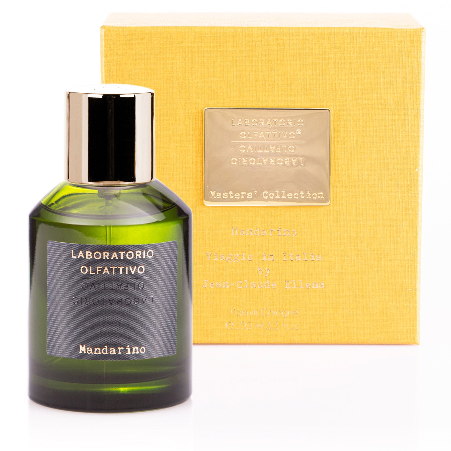 A green bottle of Mandarino 100ml Parfum Cologne with a black cap.