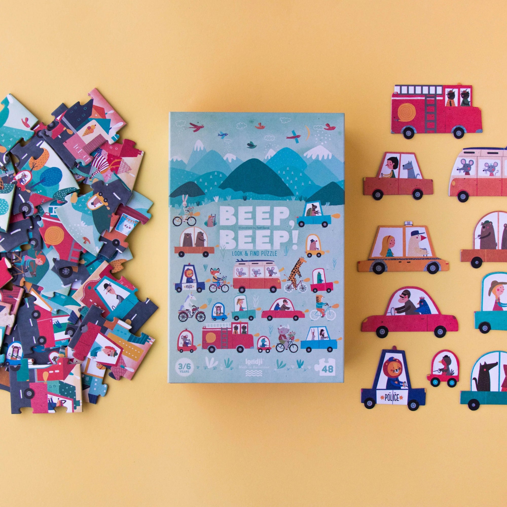 Children's puzzle with 'Beep Beep!' book and pieces on a yellow background