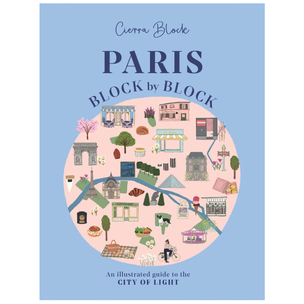Book cover of 'Paris Block by Block' with illustrated map design on a light blue background.
