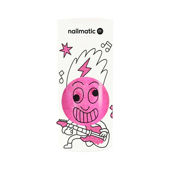 Pink cartoon character with a guitar and lightning bolt, branded 'nailmatic'.