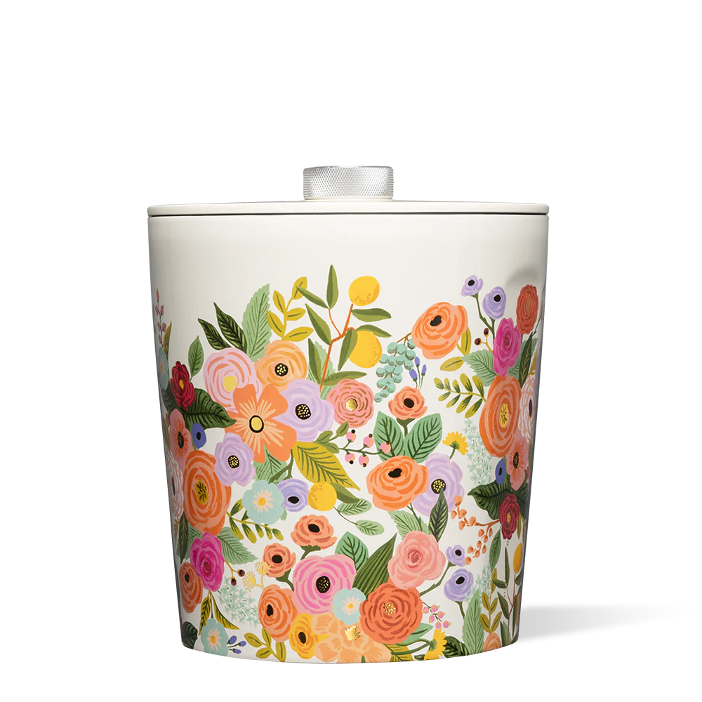 A multicolored floral patterned ice bucket with a stainless steel finish.