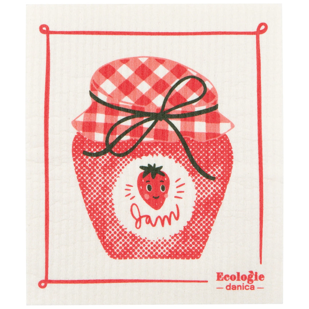 Dishtowel with a red jar of jam design and 'Ecologie danica' branding.